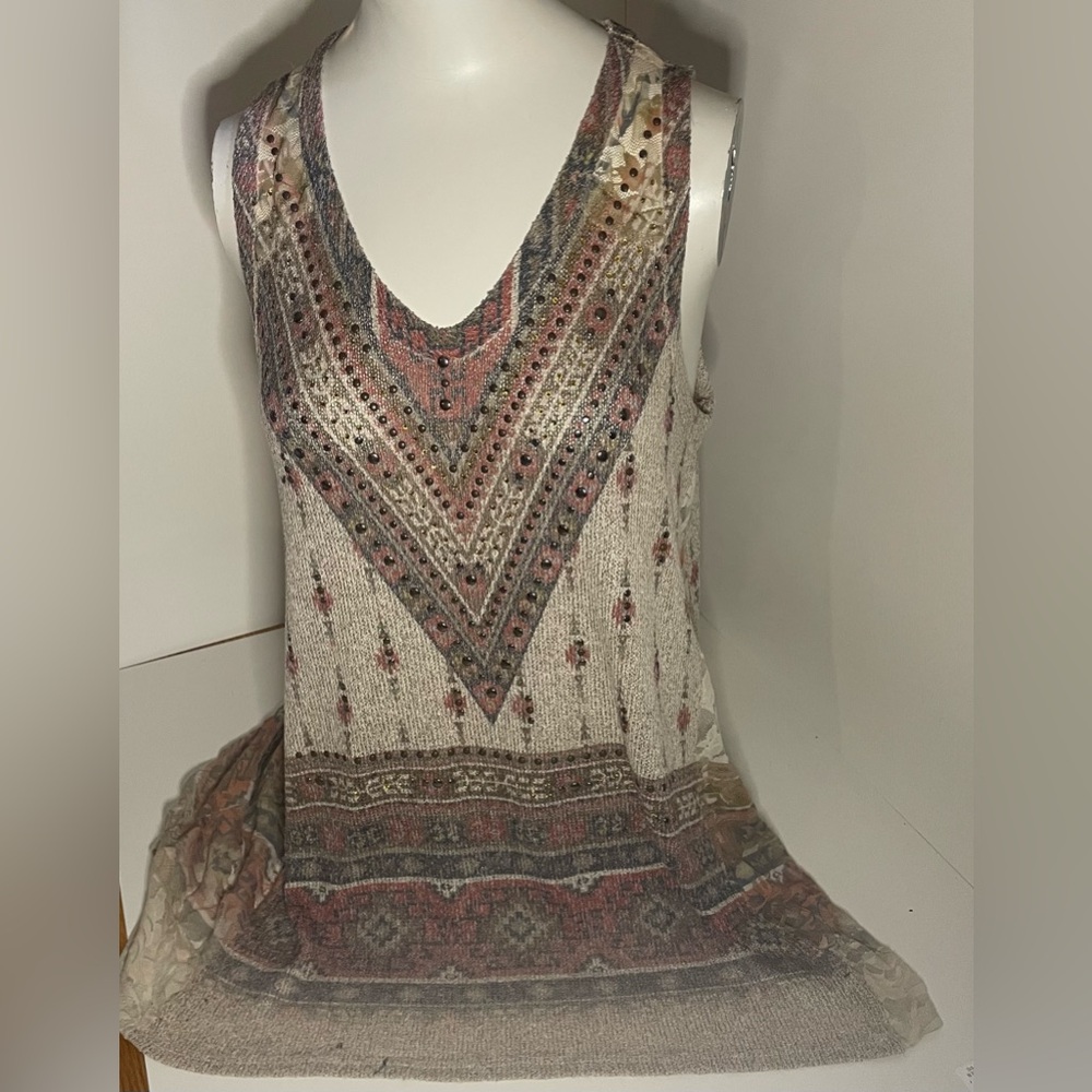 Vocal Taupe Sleeveless Embellished BoHoSemi SheerTank Top/ gold studded size Med